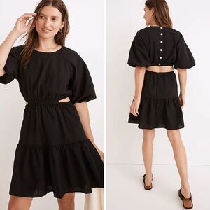 New! Madewell Seersucker Puff-Sleeve Cutout Mini Dress‎ black, size M